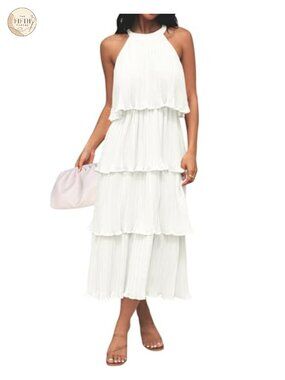 Womens Summer Halter Ruffle Midi Dress Sleeveless Tiered Chiffon